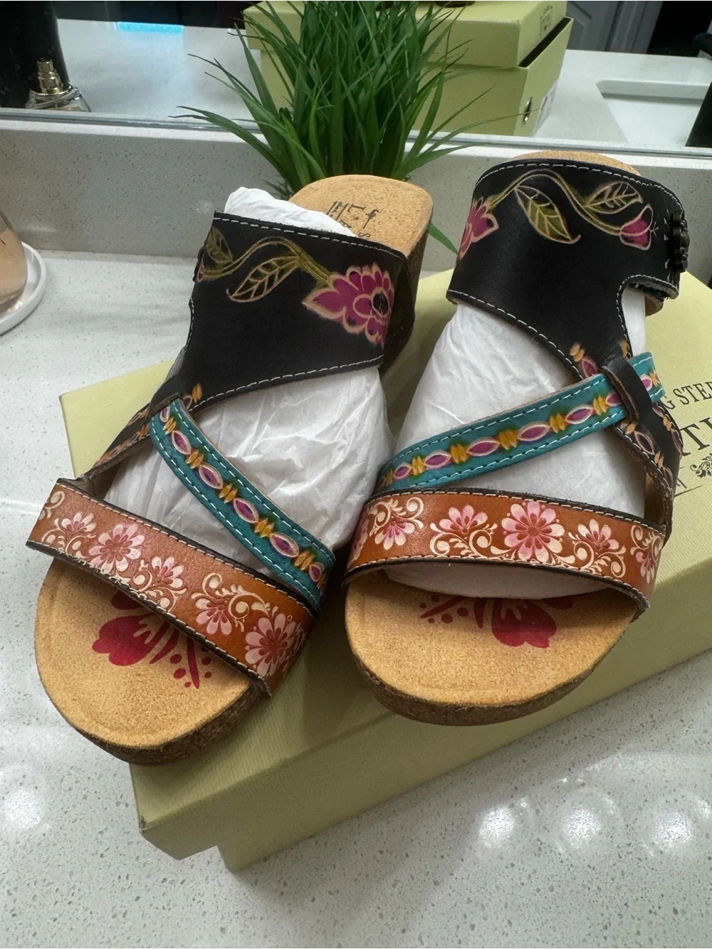 L’artiste Hand-Painted Floral Cork Wedge Sandals - Navy Multi